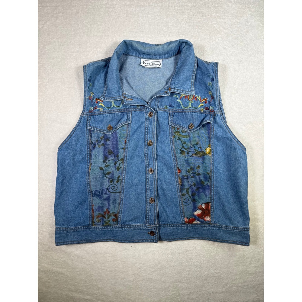 Saint Germain Paris Vintage Denim Vest Floral Embroidered Size Large Made in USA